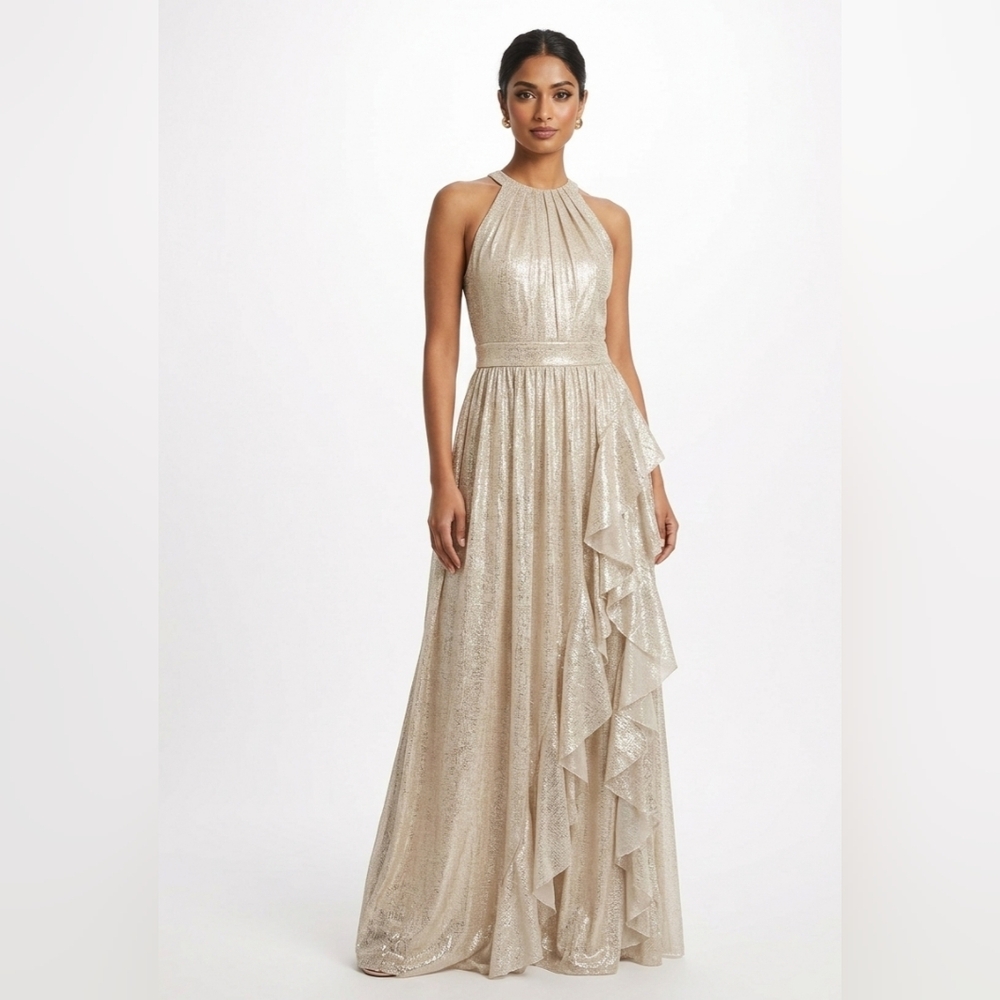 NWT Candalite Champagne Gold Metallic Maxi Dress with Side Ruffles - Size:S